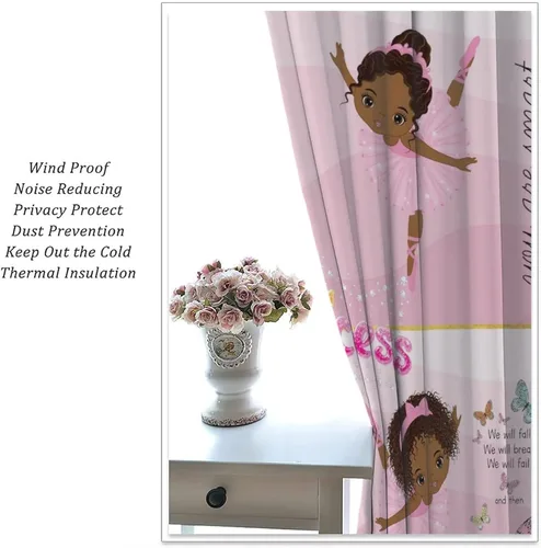 Vista 5 de YCness Cortinas afroamericanas para niños, tratamientos de ventana de niña negra afro para dormitorio, lindas cortinas de bailarina bailarina rosa
