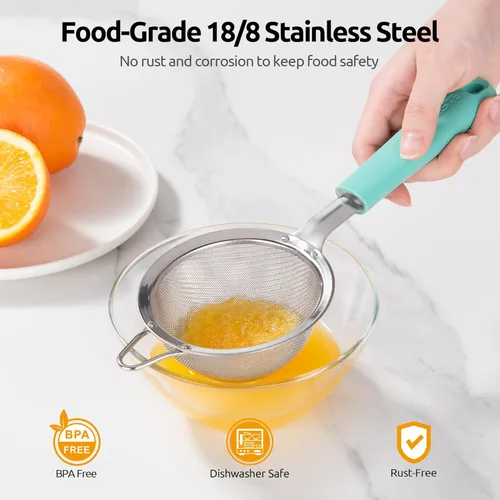 Vista 3 de U-Taste Colador de Malla Fina Pequeño: Acero Inoxidable 18/8 de 3.35 pulgadas, Tamiz de Cocina para Alimentos de 30 Mallas con Mango de Silicona