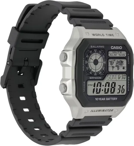 Vista 3 de Casio AE1200WH Series Men’s Digital Watch 100M WR Multi Alarms 100 SEC Stopwatch Countdown Timer World Map for World Time LED Light