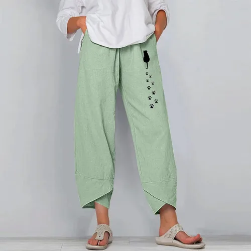 Vista 5 de Pantalones de trabajo para mujer, largos de algodón y cintura retráctil irregular, estampado de diente de león, pantalones casuales