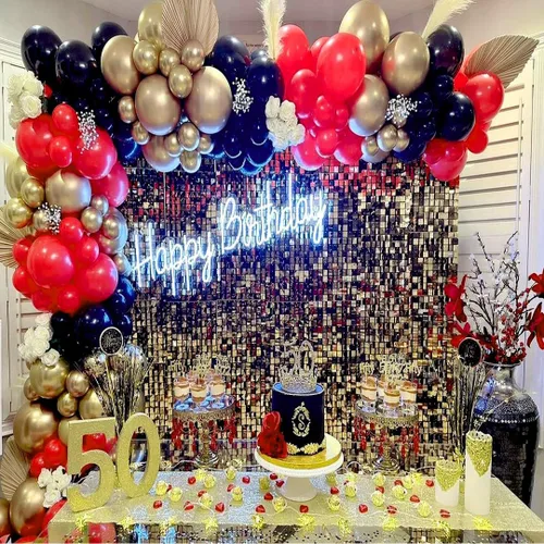 Vista 7 de Globos de fiesta rojos, negros y dorados, globos de látex negro y rojo, 50 globos de 12 pulgadas, rojo, negro y dorado, para graduación, Hollywood
