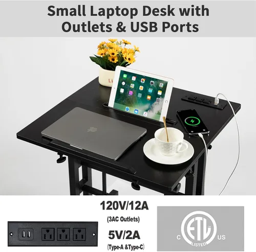 Vista 4 de Hadulcet Escritorio móvil de pie con estación de carga, escritorio ajustable para computadora de pie, carrito ajustable para laptop con ruedas