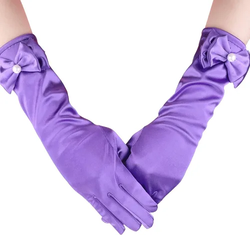 Vista 3 de HIFOT Guantes de vestir para niña, 6 pares, guantes largos de satén sedoso con lazo para niños, fiesta de princesa, boda, concurso formal, edades