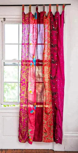 Vista 4 de EthinicCraftHub® - Cortina india de seda Sari con diseño de retazos estilo gitano bohemio hippy bohemio para colgar en la pared