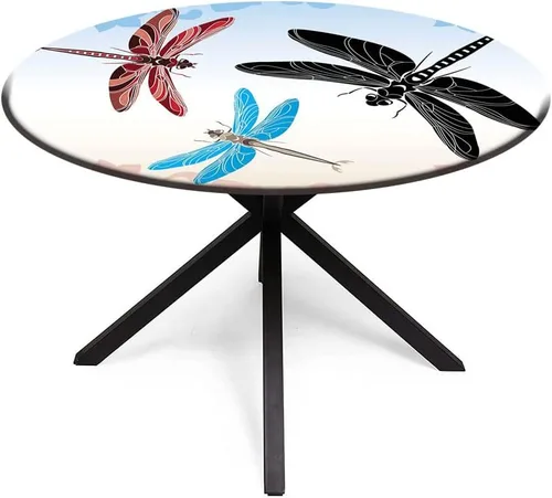 Vista 2 de Mantel redondo de vinilo ajustable, mantel de poliéster con estampado de libélula, libélulas exóticas volando en cielo nube, se ajusta a mesas