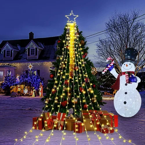 Vista 3 de Luces de Cadena de Estrella de Navidad, 320 Luces LED de Cascada para Árbol con Estrella Superior de 13", 8 Modos de Iluminación para Interiores