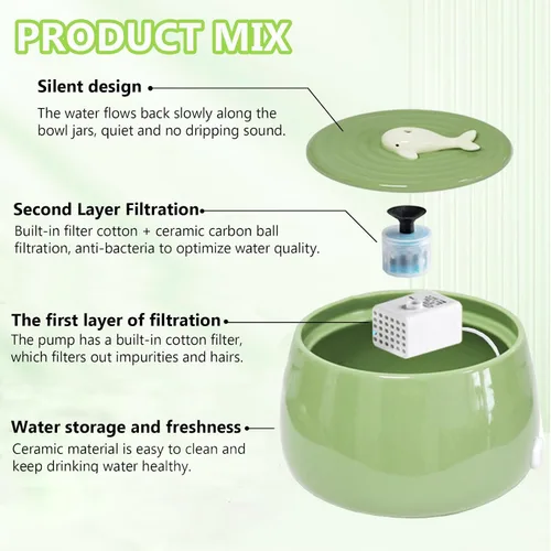 Vista 6 de Fuente de agua de cerámica para gatos, dispensador de agua de porcelana para gatos de 45 onzas/1.3 L, fuente de agua automática para mascotas