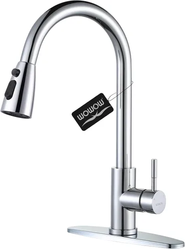 Vista 25 de WOWOW Grifo de cocina con rociador, grifo de fregadero de cocina, acero inoxidable SUS 304, grifo de cocina de níquel cepillado de arco alto