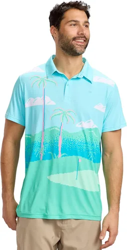 Vista 4 de Tipsy Elves Camiseta polo de golf divertida para hombre - Ropa de golf novedosa Paraíso azul de 8 bits