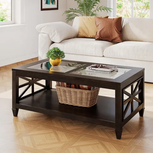 Vista 7 de Mesa auxiliar de madera maciza de 2 niveles con vidrio templado, mesa auxiliar cuadrada de madera para sofá, mesita de noche rústica con soporte