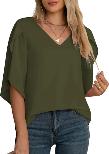 Vista 3 de Blusas de gasa con mangas 3/4 arrugadas de otoño para mujer de Jouica 01amy Verde