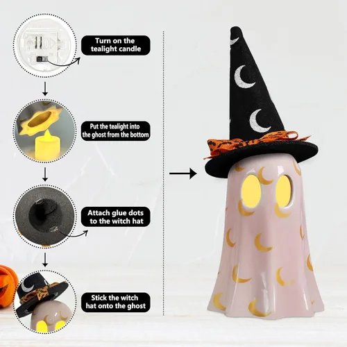 Vista 5 de DAZONGE Decoración de Halloween para interiores, juego de 3 fantasmas de cerámica con sombreros de bruja, bonitas figuras de fantasmas espeluznantes