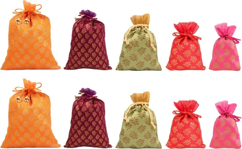 Vista 20 de Touchstone Bolsas con cordón de tela tradicional india, hechas a mano, perfectas para regalos, joyas, bodas, bolsas, bolsas, Potli, -Mimosa