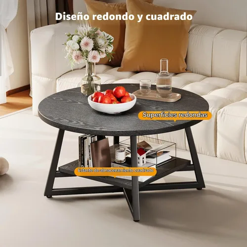 Vista 5 de Mesa de café para sala de estar, Mesa de café redonda, Mesa de café pequeña circular con almacenamiento, Mesa de centro redonda moderna de madera