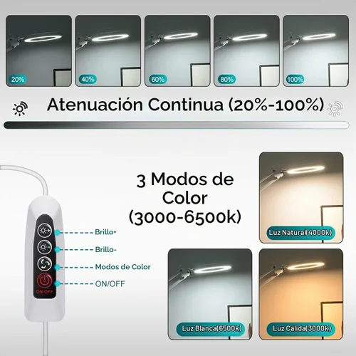 Vista 2 de Youkoyi - Lámpara LED de aumento con brazo basculante metálico - 10 niveles de brillo, 3 modos de color, aumento de 5X, lente de vidrio de 4.1