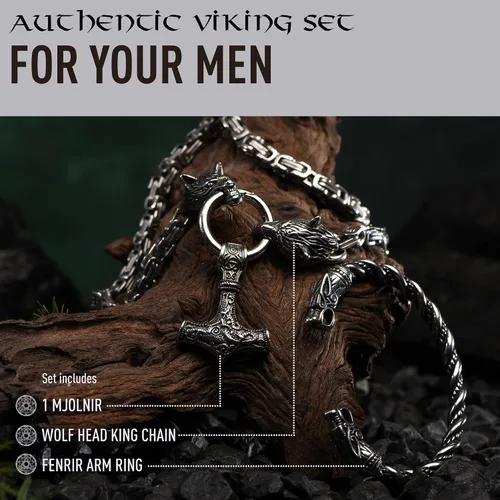 Vista 2 de VikingsBrand Handmade Stainless Steel Thors Hammer Necklace with Wolf Heads Mjolnir Pendant Viking Gifts for Men Norse Jewelry for Men Authentic