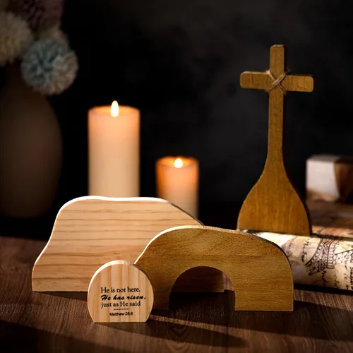 Vista 4 de Wenqik Escena de Pascua, decoración de madera, juego de escena de resurrección de Pascua religiosa, escena de la tumba vacía y adorno de estatua