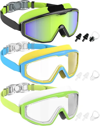Vista 16 de NSSIW Gafas de natación para niños, antiniebla, sin fugas, con clip para la nariz, tapones para los oídos para niñas, niños y jóvenes, 6-14, paquete