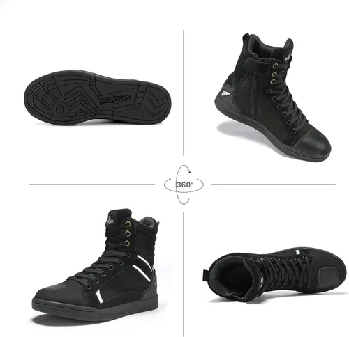 Vista 4 de BORLENI Botas de motocicleta para calle, zapatos de conducción antideslizantes, para senderismo al aire libre, trabajo, zapatos de trabajo