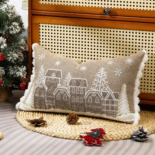 Vista 9 de Lewondr - Funda de almohada de Navidad bordada, 12 x 20 pulgadas, 1 unidad Funda de almohada decorativa, funda de cojín, decoración navideña