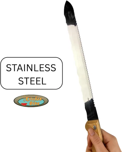 Vista 6 de Cuchillo de cocina jumbo de doble cara de hoja SS de 11 pulgadas, bordes de corte duales, mango ergonómico de madera, acero inoxidable de alta