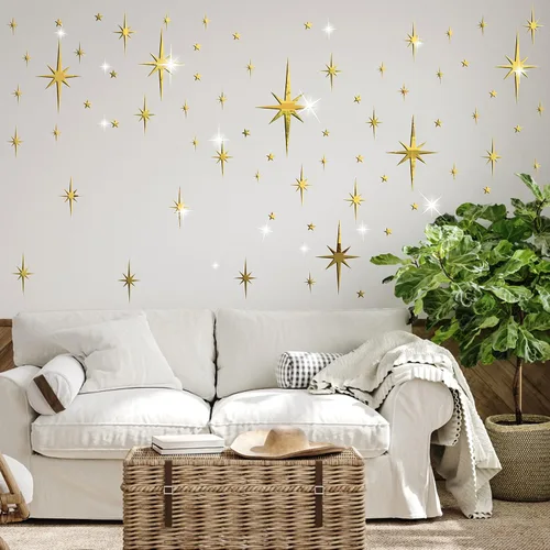 Vista 7 de Pegatinas de pared de espejo con estrella dorada, calcomanías acrílicas 3D removibles con estrellas adhesivas, espejo de estrella en explosión