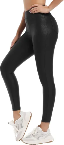 Vista 3 de HARTPOR Leggings de piel sintética para mujer de 25 pulgadas, pantalones de cuero de cintura alta, pantalones de cuero elásticos al tobillo
