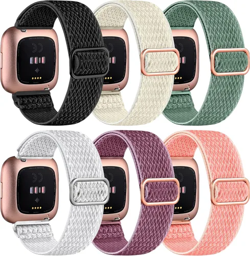 Vista 10 de Paquete de 8 bandas elásticas compatibles con Fitbit Versa 2/Lite/SE para mujeres y hombres, correa trenzada de nailon elástico ajustable Solo Loop