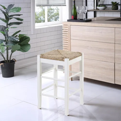 Vista 2 de Benjara Taburete cuadrado de madera con marco de madera tejida a mano, blanco y marrón
