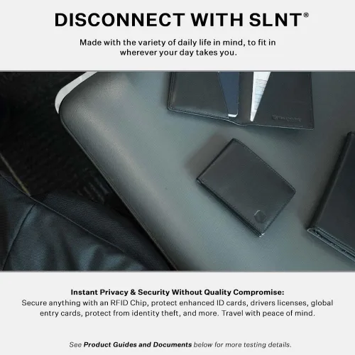 Vista 5 de SLNT - Cartera de piel napa con bloqueo de señal RFID y NFC, doble pliegue, asegura tu información, evita piratería y robo de identidad, 6 ranuras