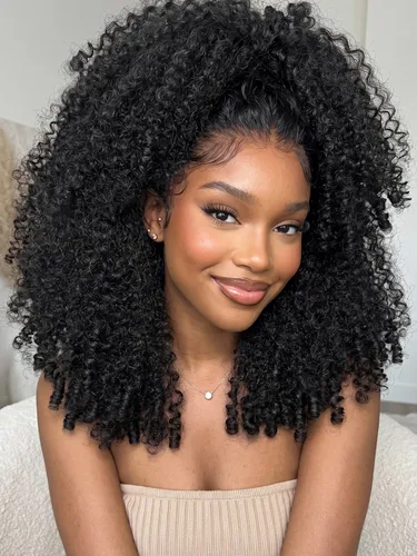 Vista 39 de KLAIYI Bye Bye Slip™ - Pelucas de cabello humano con encaje frontal 7x5, color marrón castaño degradado, rizado, sin pegamento, precortadas de 7 x