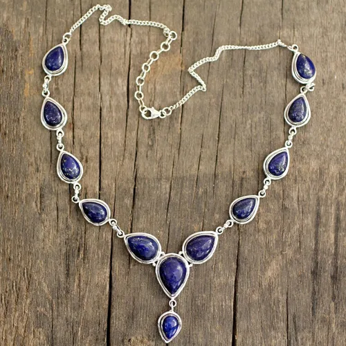 Vista 2 de NOVICA Collar hecho a mano de lapislázuli y plata de ley 925 de la India, azul real, clásico, reflexivo, esnórquel, piedra natal, "Aura of Beauty