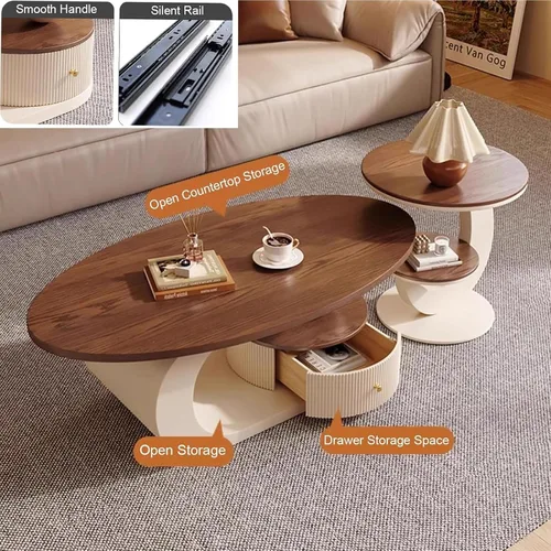 Vista 4 de Juego de mesa de centro ovalada moderna de 2 piezas, mesas de centro anidables con almacenamiento, mesa auxiliar con marco de metal, mesa de centro