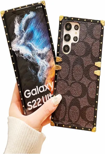 Vista 7 de Funda protectora de piel de lujo para Samsung Galaxy S22 Ultra de 6.8 pulgadas, diseño rectangular, anticaídas, color marrón