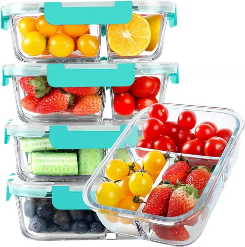 Vista 8 de KOMUEE Recipientes de vidrio para preparación de comidas, 3 compartimentos, paquete de 5 recipientes de vidrio de 36 onzas, recipientes
