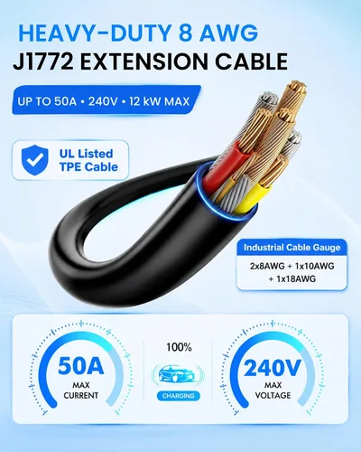 Vista 4 de Cable de extensión WenStorm 50A 30 pies J1772 EV, cable de extensión de cargador EV de nivel 2, cable de extensión EV de 240V de servicio pesado