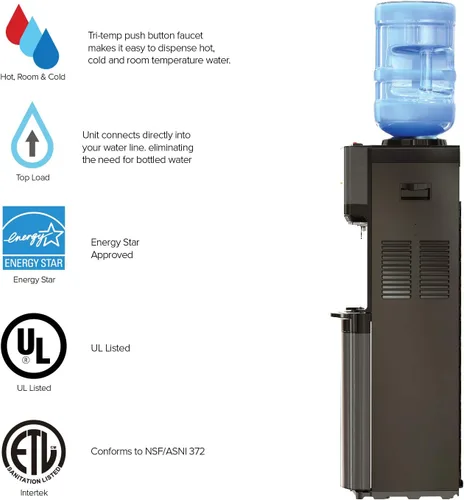 Vista 3 de Brio Dispensador de enfriador de agua de carga superior de edición limitada, acero inoxidable negro, agua caliente y fría, cierre de seguridad