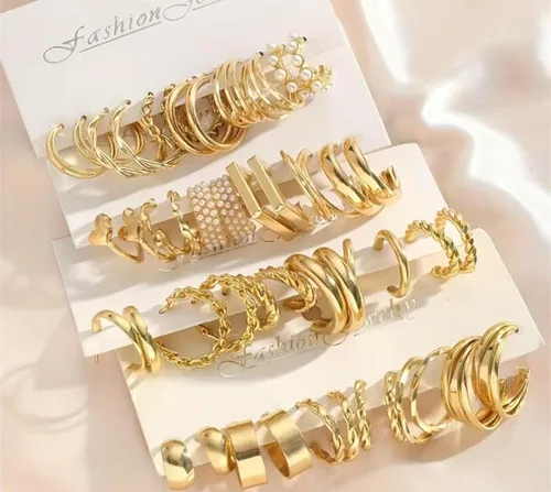 Vista 2 de Juego de 24 pares de aretes de aro dorados para mujeres y niñas, paquete múltiple de aretes de aro trenzados, hipoalergénicos, de cadena gruesa