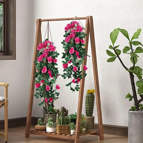 Vista 4 de Flores colgantes artificiales falsas, rosas colgantes, plantas colgantes de vid para porche, pared de alero, hogar, habitación, jardín, oficina