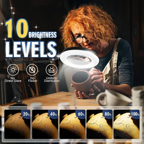 Vista 5 de 12 lupas con luz y soporte, 144 LED más brillantes, 10 brillo regulable, 5 modos de color, lámpara de escritorio de metal manos libres para lectura
