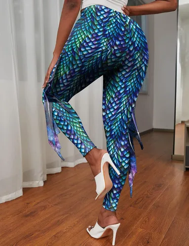 Vista 2 de Leggings de sirena para mujer, pantalones con estampado de escamas de pescado, cintura alta, leggings de yoga con aletas para fiesta de Halloween