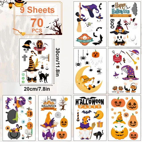 Vista 2 de AUAUY Decoración de ventana de Halloween, 9 hojas, 70 unidades, calcomanías para ventana, imágenes de ventana de doble cara con calabaza