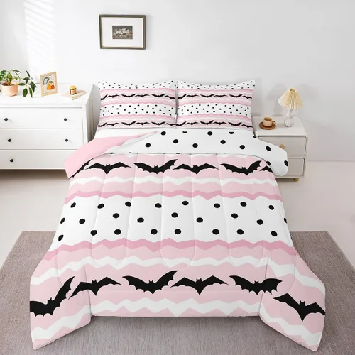 Vista 6 de Lindo juego de edredón de murciélago tamaño Queen con diseño de animales de Feliz Halloween, 3 piezas para decoración de habitación de niños