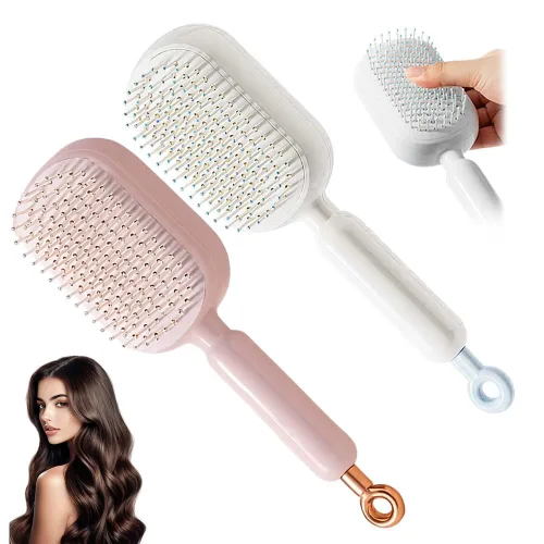 Vista 10 de Cepillo de pelo autolimpiante, cepillo retráctil con cerdas de masaje, peine antiestático fácil de limpiar para todo tipo de cabello, cepillo de Azul