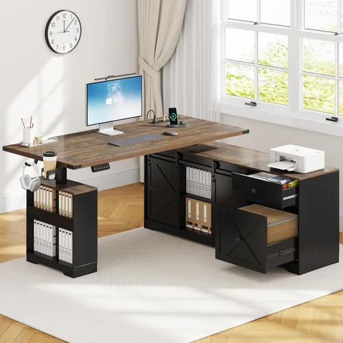 Vista 12 de St.Mandyu Escritorio eléctrico de pie en forma de L, escritorio de computadora ajustable de altura de 55 pulgadas con cajón de archivos, puerta