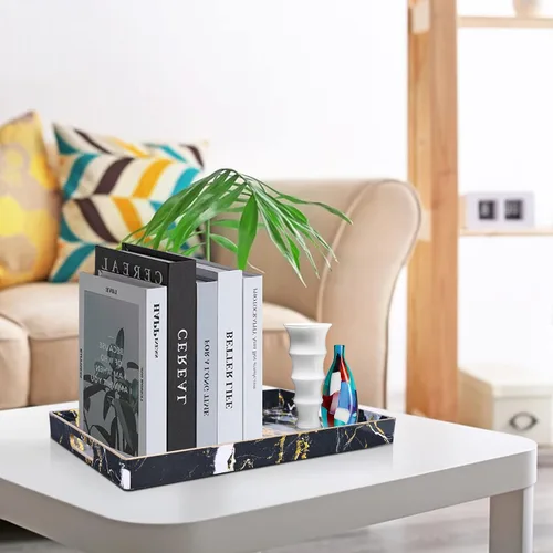 Vista 7 de Gifturbo - Bandeja de servir negra, bandejas de servir decorativas de mármol con asas, bandejas rectangulares de plástico para mesa de café otomanas