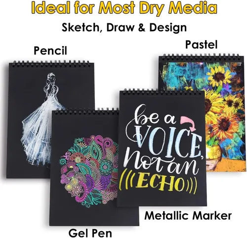 Vista 3 de Dyvicl Cuaderno de bocetos profesional de papel negro de 5.5 x 8.5 pulgadas, 35 hojas de papel de dibujo pesado de 150 GSM para bolígrafos de gel