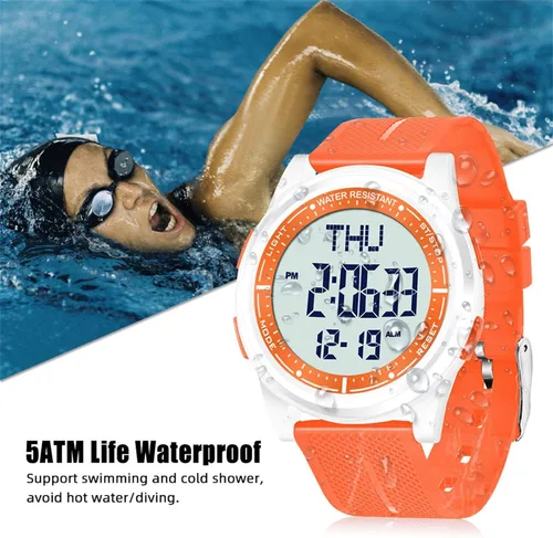 Vista 18 de Beeasy - Reloj digital de pulsera resistente al agua con cronómetro, alarma, cuenta regresiva, doble zona horaria, ultrafino, pantalla angular muy