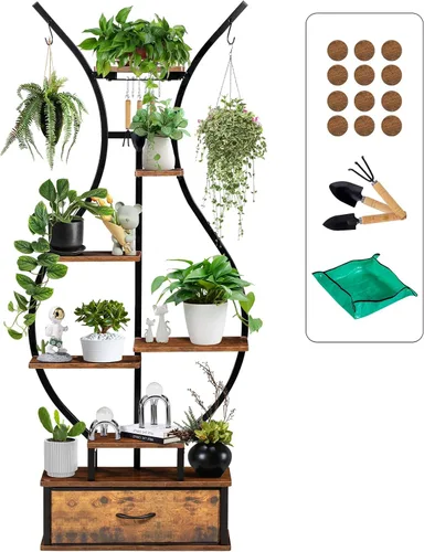 Vista 9 de Soporte para plantas de interior de media luna de 7 niveles con ruedas con bloqueo, estante para plantas de 71 pulgadas de alto con cajón