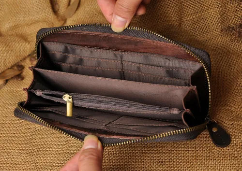 Vista 6 de Le'aokuu Unisex calidad cuero genuino cadena embrague mano bolso organizador monedero chequera cremallera cartera 1016, Cocodrilo marrón